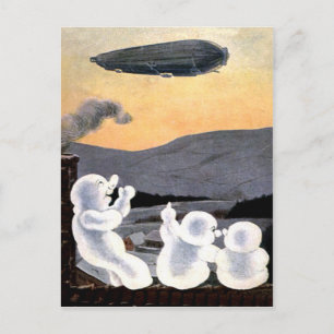 Snowman hailing zeppelin on sky, funny vintage postcard