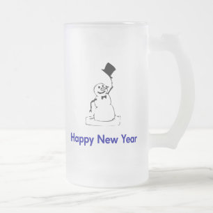 Snowman Happy New Year Frosted Glass Beer Mug