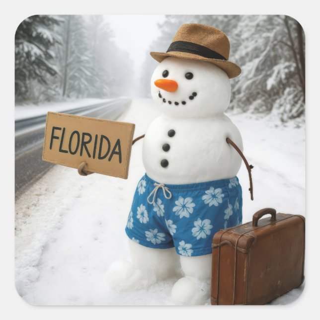 Snowman Hitchhiking to Florida Square Sticker (Front)