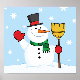 Snowman Holding A Broom Poster