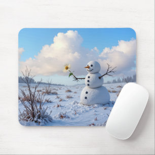 Snowman Holding a White Daisy Mouse Mat