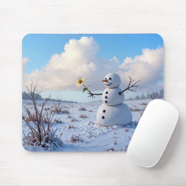 Snowman Holding a White Daisy Mouse Mat (With Mouse)