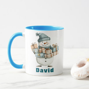 Snowman Holding Christmas Presents Blue Hat Mug