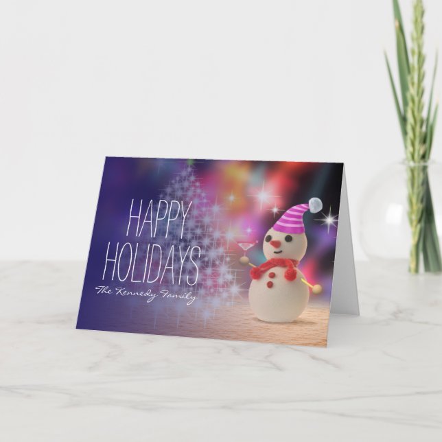 Snowman Holding Glass Holiday Card (Front)
