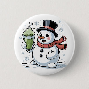 Snowman Holding Matcha Drink Christmas  6 Cm Round Badge