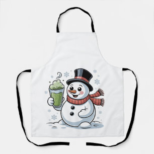 Snowman Holding Matcha Drink Christmas Apron