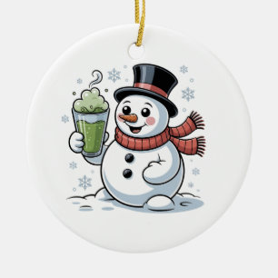 Snowman Holding Matcha Drink Christmas Ceramic Tree Decoration