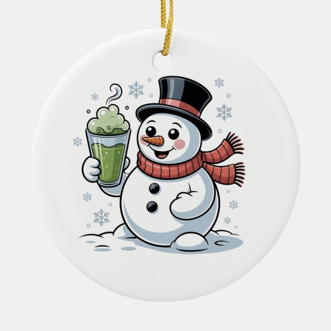 Snowman Holding Matcha Drink Christmas  Ceramic Tree Decoration (Front)
