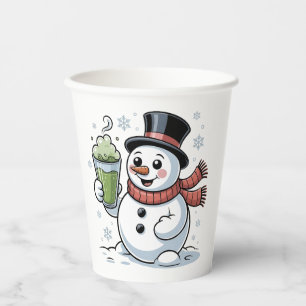 Snowman Holding Matcha Drink Christmas Paper Cups