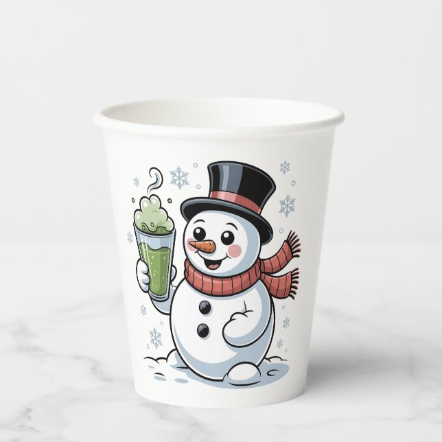 Snowman Holding Matcha Drink Christmas  Paper Cups (Front)
