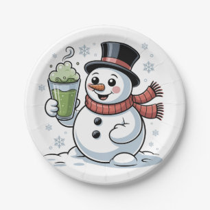 Snowman Holding Matcha Drink Christmas Paper Plate