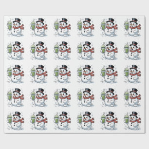 Snowman Holding Matcha Drink Christmas Wrapping Paper