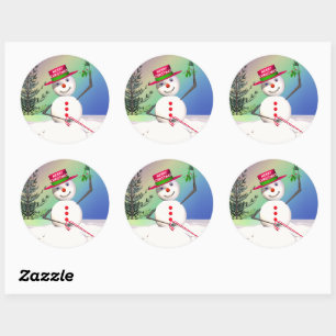 Snowman Holding Mistletoe Classic Round Sticker