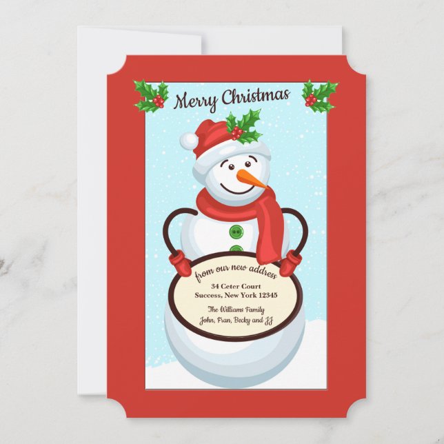 Snowman Holding Sign Moving Holiday Card (Front)