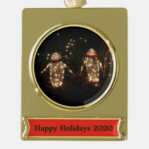 Snowman Holiday Light Display Gold Plated Banner Ornament