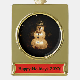 Snowman Holiday Light Display Gold Plated Banner Ornament