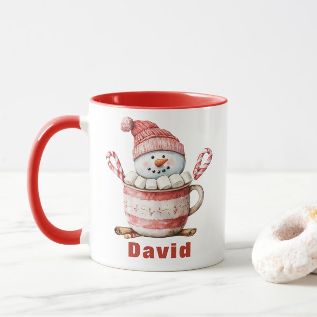 Snowman Hot Cocoa Christmas Candy Cane Marshmallow Mug (With Donut)