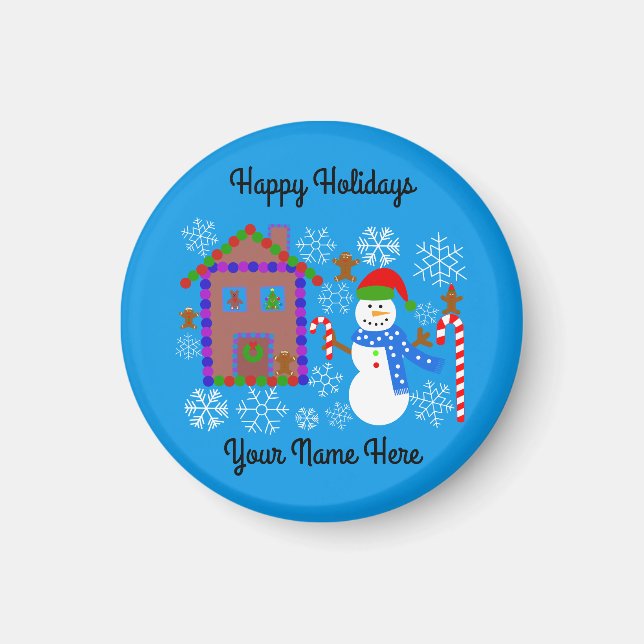 Snowman & House #2 Round Magnet  (Front)