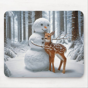 Snowman Hugging a Fawn Mouse Mat