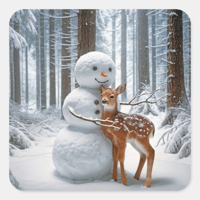 Snowman Hugging a Fawn Square Sticker (Front)