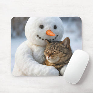 Snowman Hugging a Tabby Cat Mouse Mat