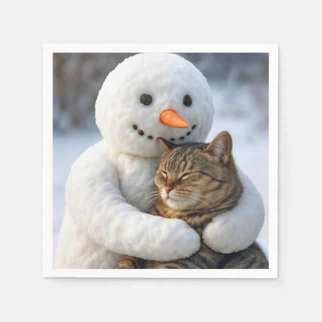 Snowman Hugging a Tabby Cat Napkin (Front)