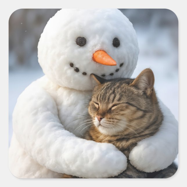 Snowman Hugging a Tabby Cat Square Sticker (Front)