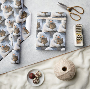 Snowman Hugging a Tabby Cat Wrapping Paper