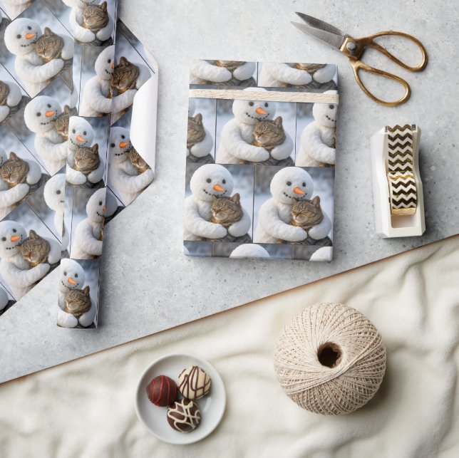 Snowman Hugging a Tabby Cat Wrapping Paper (Crafts)