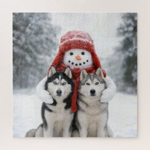 Snowman Hugging Siberian Husky Dogs Jigsaw Puzzle