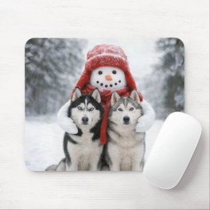 Snowman Hugging Siberian Husky Dogs Mouse Mat