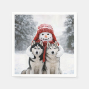 Snowman Hugging Siberian Husky Dogs Napkin