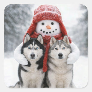 Snowman Hugging Siberian Husky Dogs Square Sticker