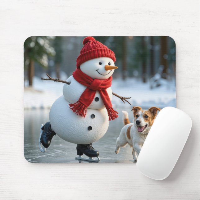 Snowman Ice Skating With Dog Mouse Mat (With Mouse)