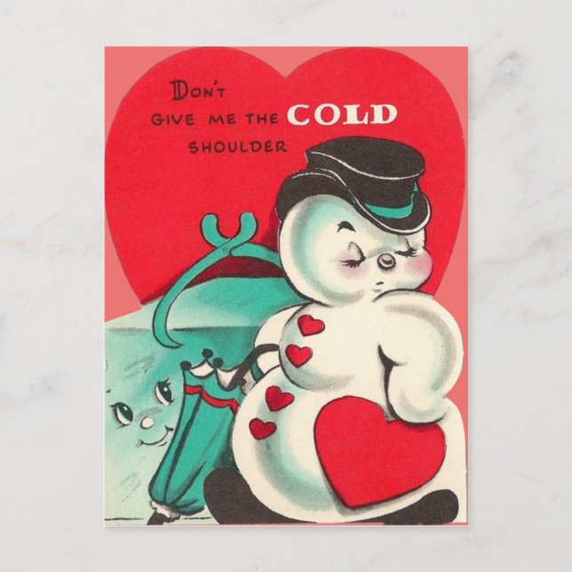 Snowman Ice Tongs Heart Umbrella Valentine Holiday Postcard (Front)
