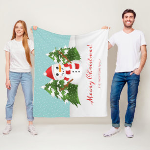 Snowman Illustration Custom Family Name Christmas Fleece Blanket