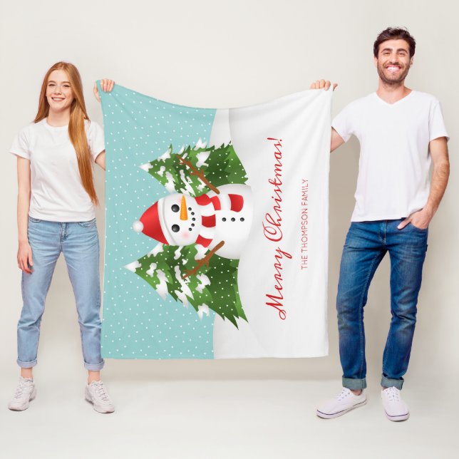 Snowman Illustration Custom Family Name Christmas Fleece Blanket (In Situ)