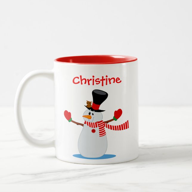 Snowman Illustration Personalised Red and White Two-Tone Coffee Mug (Left)
