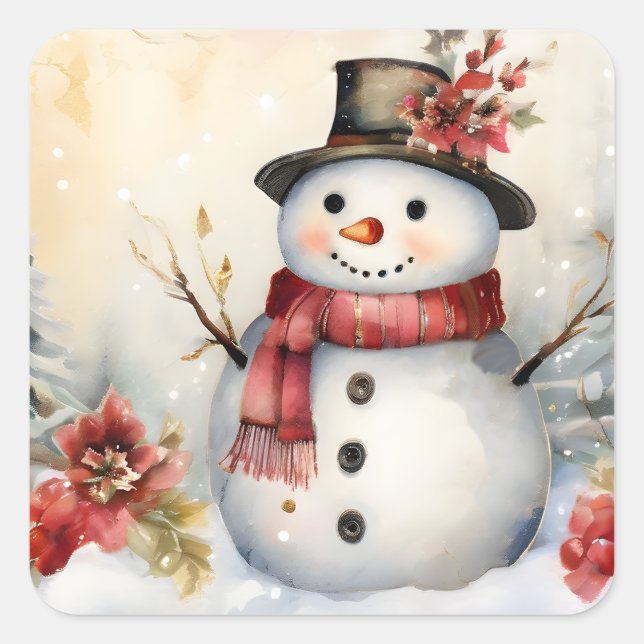 Snowman in a Black Hat Square Sticker (Front)