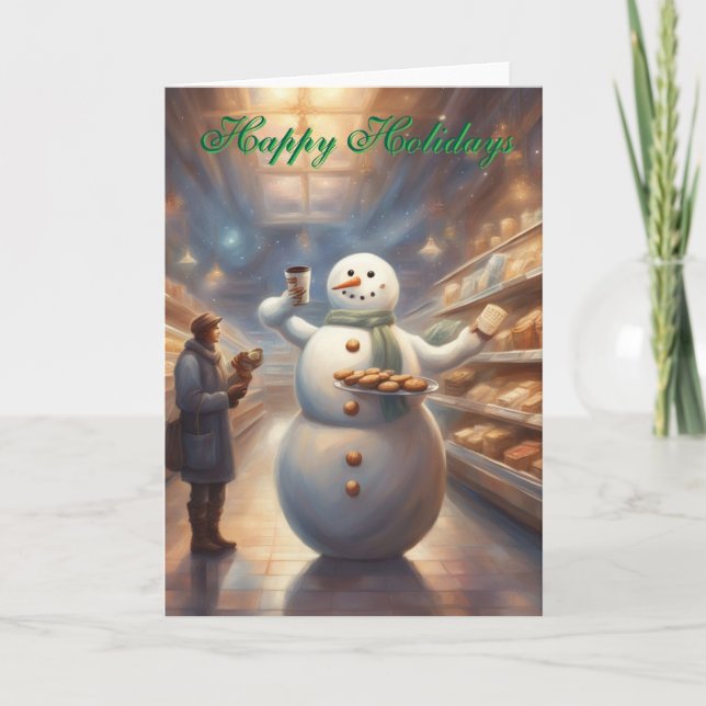 Snowman in a grocery store Happy Holidays  Card (Front)