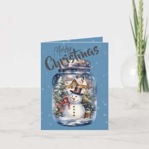 Snowman in a Jar Snowflakes Blue Holiday Card