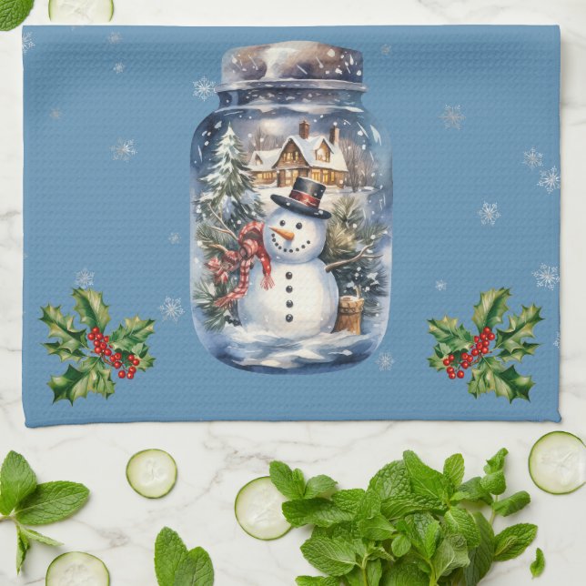 Snowman in a Jar Snowflakes Blue Tea Towel (Folded)