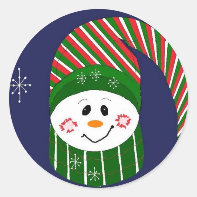 Snowman In A Long Striped Hat Classic Round Sticker (Front)