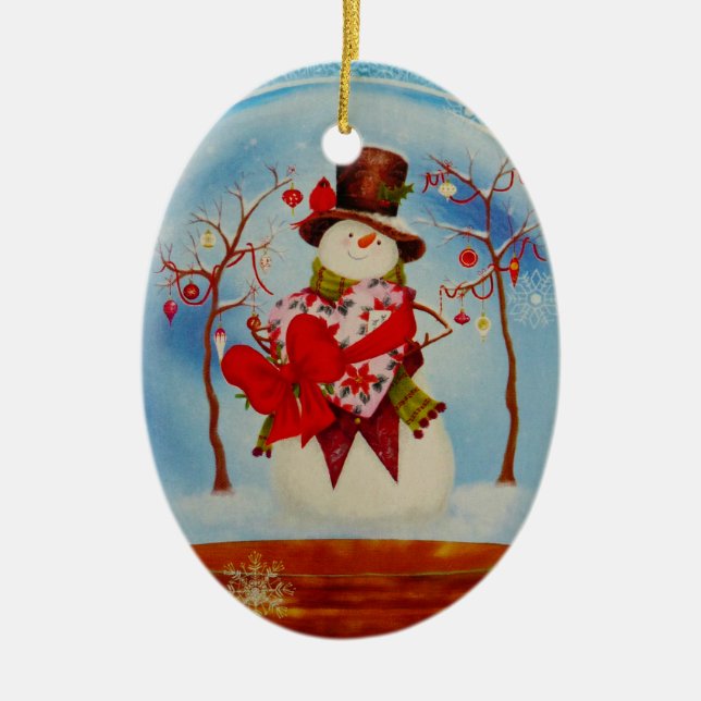 Snowman in a Snow Globe Ceramic Tree Decoration (Front)