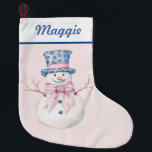Snowman in Blue Damask Top Hat Large Christmas Stocking<br><div class="desc">This  Christmas stocking features grandmillennial design featuring a snowman in a blue and white Damask top hat on a blush pink background. You can personalise with a name in a navy blue cursive font.</div>