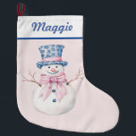 Snowman in Blue Damask Top Hat Large Christmas Stocking<br><div class="desc">This  Christmas stocking features grandmillennial design featuring a snowman in a blue and white Damask top hat on a blush pink background. You can personalise with a name in a navy blue cursive font.</div>