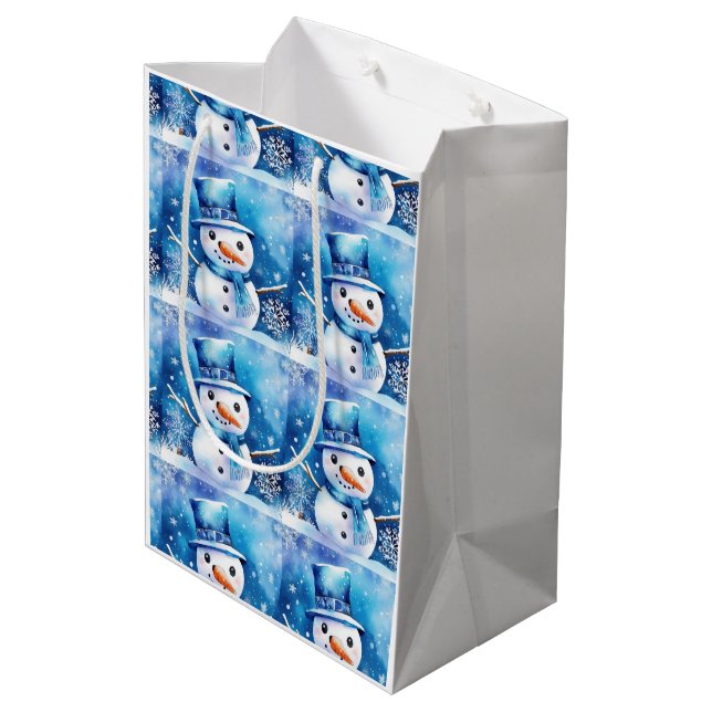 Snowman in blue medium gift bag (Back Angled)