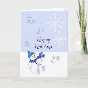 Snowman in Blue with Snowflakes Falling Holiday Card