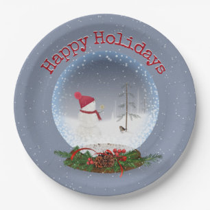 Snowman In Christmas Snow Globe Paper Plate