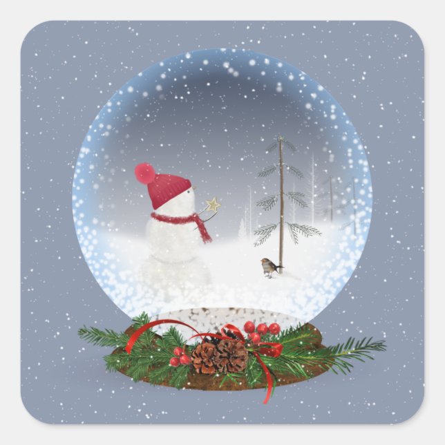 Snowman In Christmas Snow Globe Square Sticker (Front)